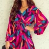 Clearance Dear-Lover Abstract Printed Belted Puff Sleeve Mini Dress Fiery Red