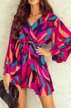 Clearance Dear-Lover Abstract Printed Belted Puff Sleeve Mini Dress Fiery Red