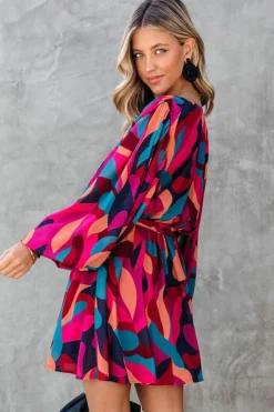 Clearance Dear-Lover Abstract Printed Belted Puff Sleeve Mini Dress Fiery Red