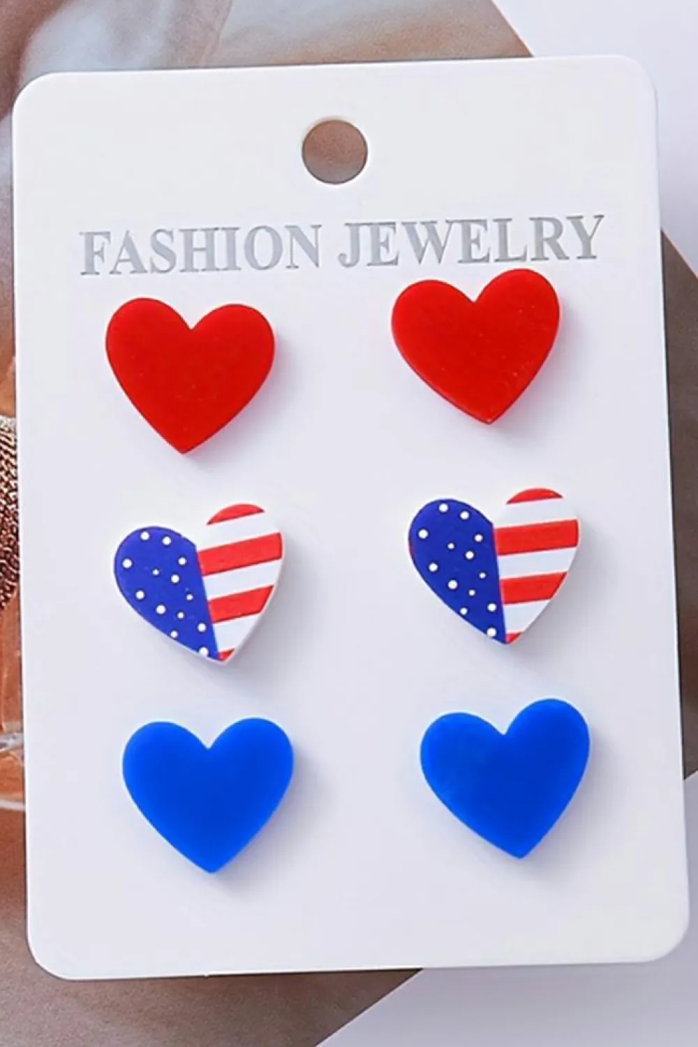 Sale Dear-Lover American Flag Print Heart Shape Stud Earrings Set Fiery Red