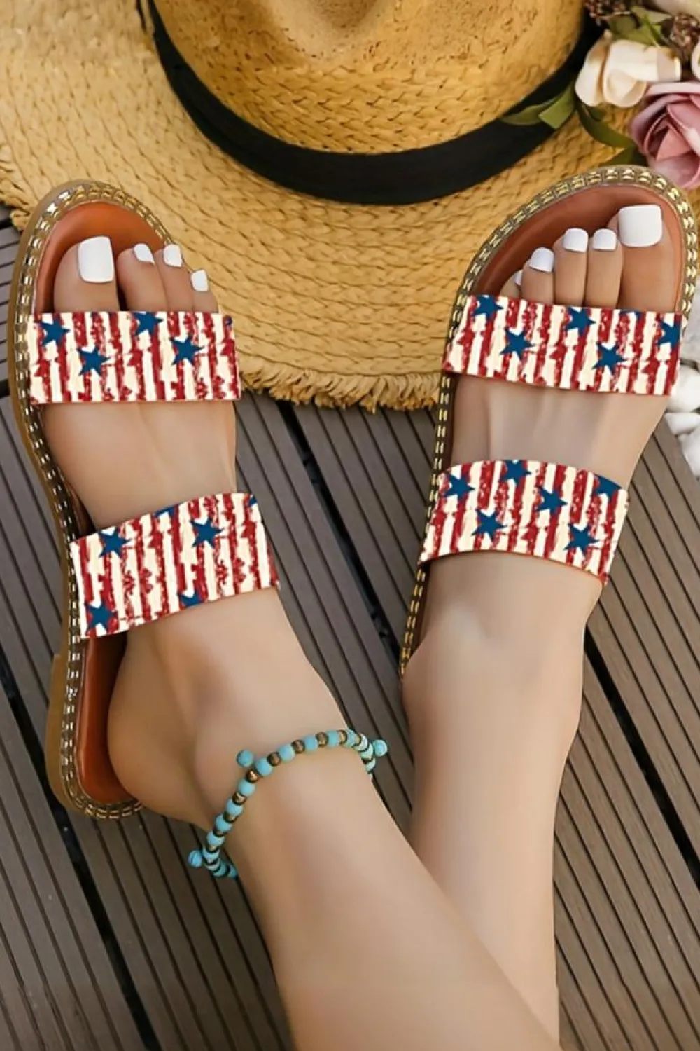 New Dear-Lover American Flag Print Double Band Flat Slippers Fiery Red