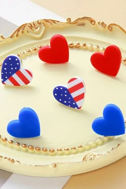 Sale Dear-Lover American Flag Print Heart Shape Stud Earrings Set Fiery Red