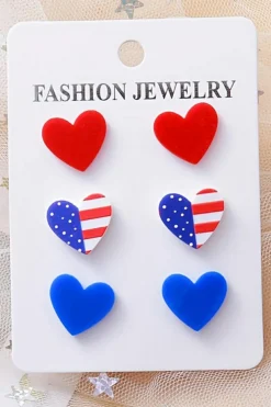 Sale Dear-Lover American Flag Print Heart Shape Stud Earrings Set Fiery Red