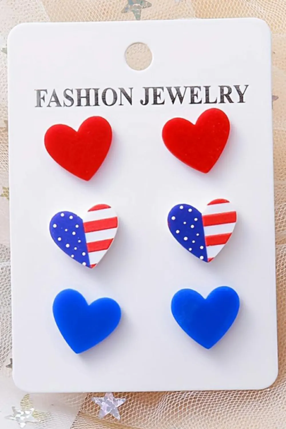 Sale Dear-Lover American Flag Print Heart Shape Stud Earrings Set Fiery Red