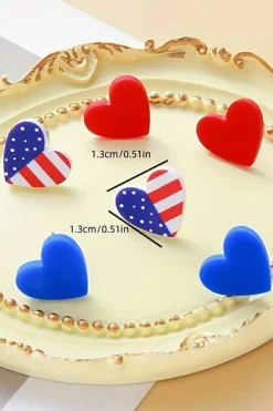 Sale Dear-Lover American Flag Print Heart Shape Stud Earrings Set Fiery Red