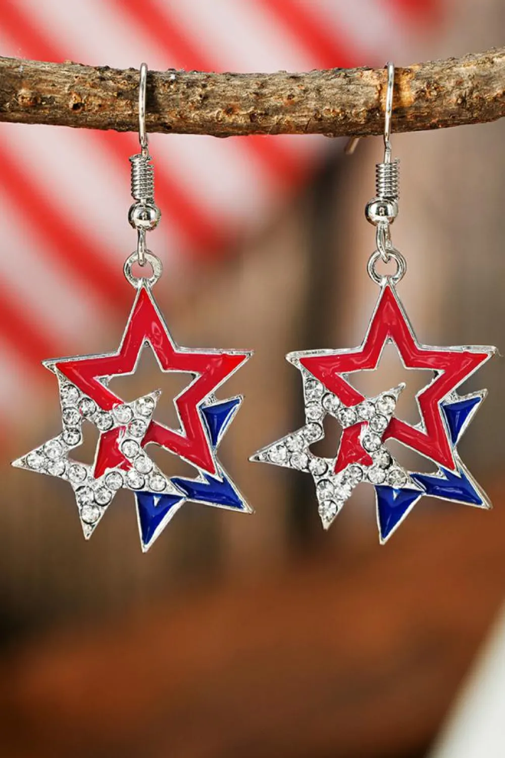 Clearance Dear-Lover American Flag Rhinestone Star Dangle Earrings Fiery Red