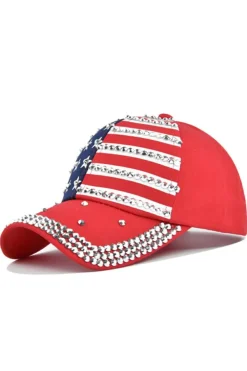 New Dear-Lover American Flag Rhinestone Decor Baseball Cap Fiery Red