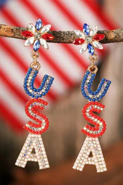 Discount Dear-Lover Beaded Rhinestone Colorblock USA Earrings Fiery Red