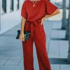Best Dear-Lover Belted Wide Leg Jumpsuit Fiery Red