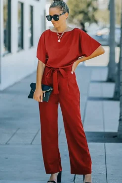 Best Dear-Lover Belted Wide Leg Jumpsuit Fiery Red