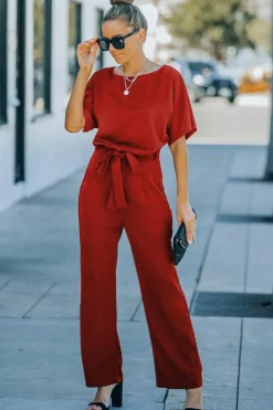 Best Dear-Lover Belted Wide Leg Jumpsuit Fiery Red