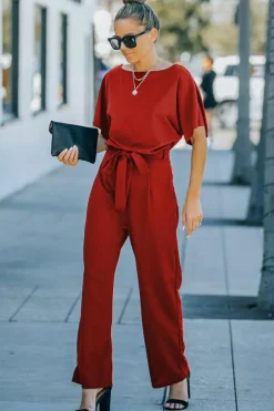 Best Dear-Lover Belted Wide Leg Jumpsuit Fiery Red