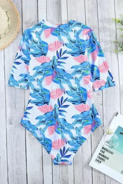 Clearance Dear-Lover Fiery Red Leaves Zip Front Half Sleeve One Piece Swimsuit Blue