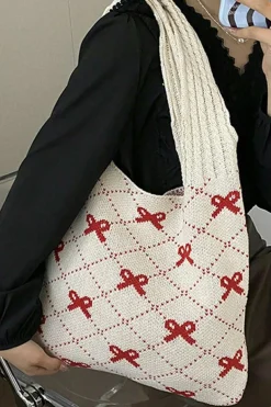 Best Dear-Lover Bow Argyle Pattern Cable Knit Handle Tote Bag Fiery Red