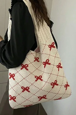 Best Dear-Lover Bow Argyle Pattern Cable Knit Handle Tote Bag Fiery Red