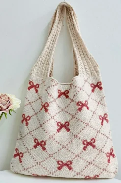 Best Dear-Lover Bow Argyle Pattern Cable Knit Handle Tote Bag Fiery Red