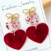 New Dear-Lover Bow Knot Heart Shape Dangle Earrings Fiery Red