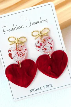 New Dear-Lover Bow Knot Heart Shape Dangle Earrings Fiery Red