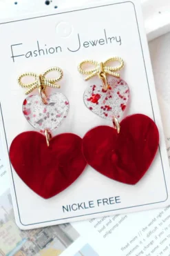 New Dear-Lover Bow Knot Heart Shape Dangle Earrings Fiery Red