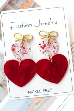 New Dear-Lover Bow Knot Heart Shape Dangle Earrings Fiery Red