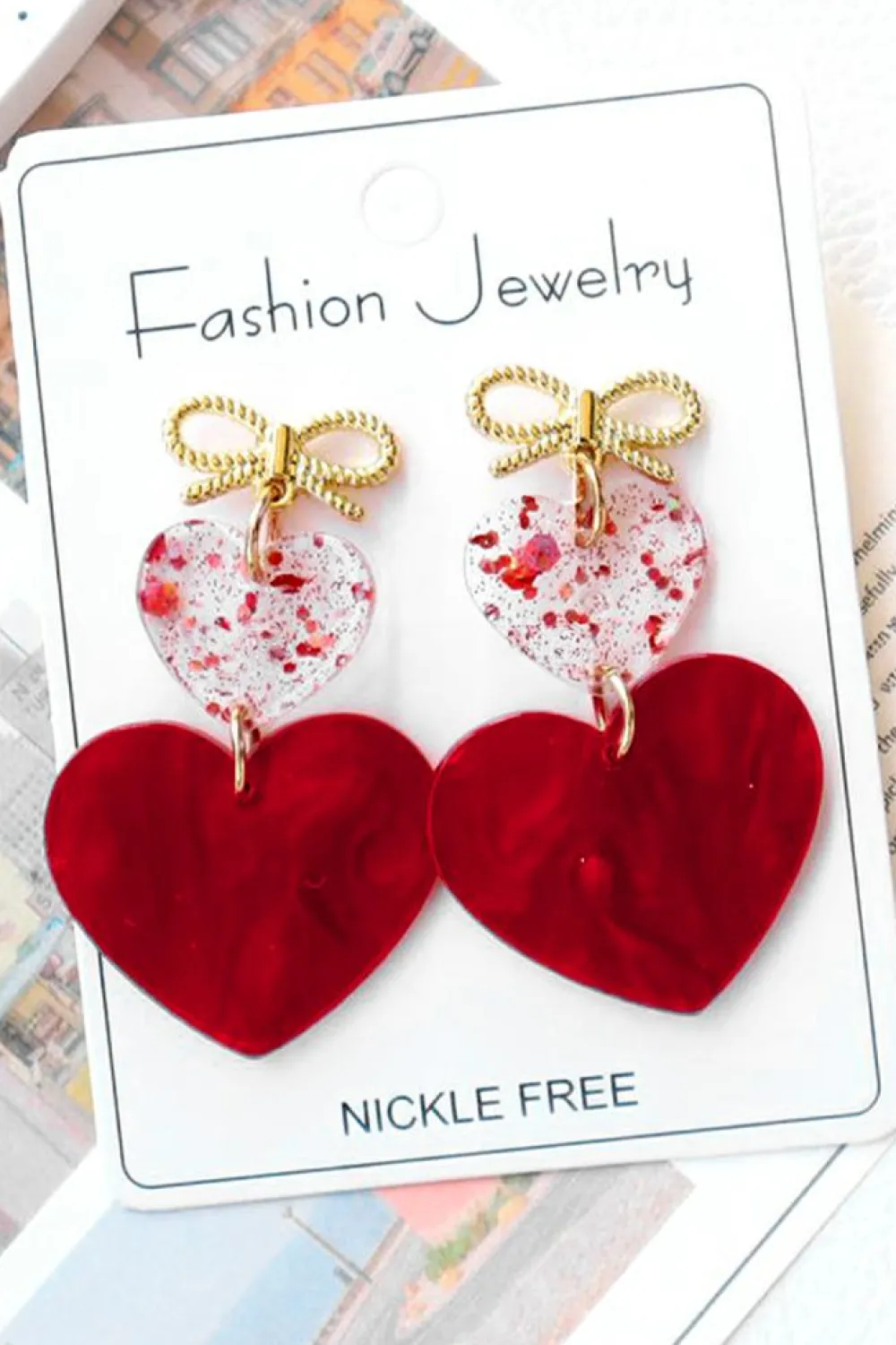 New Dear-Lover Bow Knot Heart Shape Dangle Earrings Fiery Red