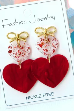 New Dear-Lover Bow Knot Heart Shape Dangle Earrings Fiery Red