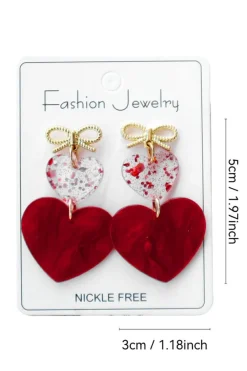 New Dear-Lover Bow Knot Heart Shape Dangle Earrings Fiery Red