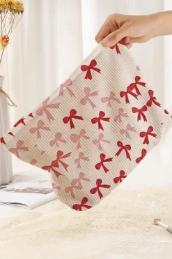 New Dear-Lover Bows Print Zipped Corduroy Makeup Storage Bag Fiery Red