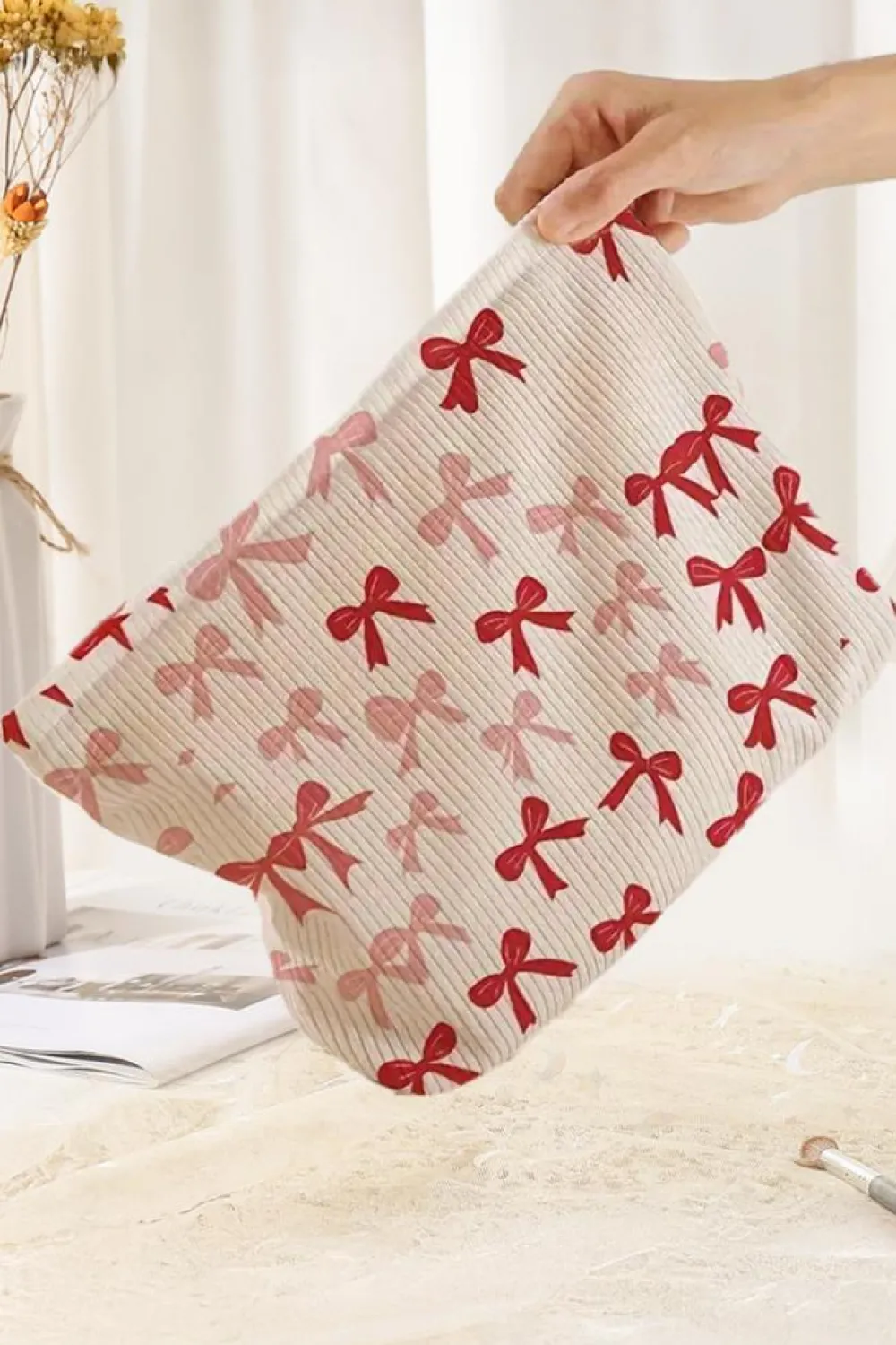 New Dear-Lover Bows Print Zipped Corduroy Makeup Storage Bag Fiery Red