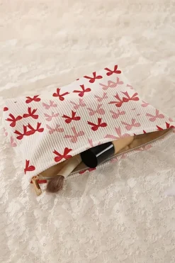 New Dear-Lover Bows Print Zipped Corduroy Makeup Storage Bag Fiery Red