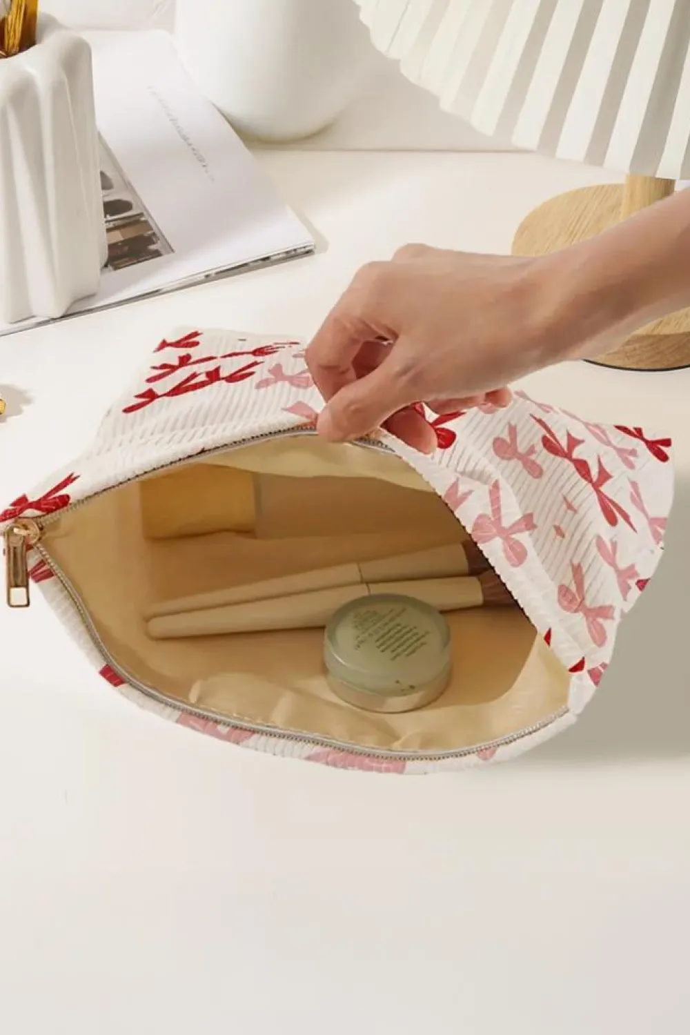 New Dear-Lover Bows Print Zipped Corduroy Makeup Storage Bag Fiery Red