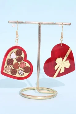 Best Dear-Lover Box of Chocolate Heart Shape Dangle Earrings Fiery Red