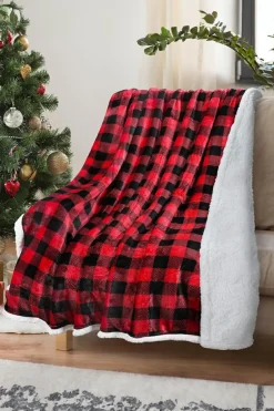 Fashion Dear-Lover Buffalo Plaid Print Sherpa Large Throw Blanket Fiery Red