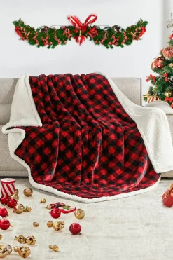 Fashion Dear-Lover Buffalo Plaid Print Sherpa Large Throw Blanket Fiery Red