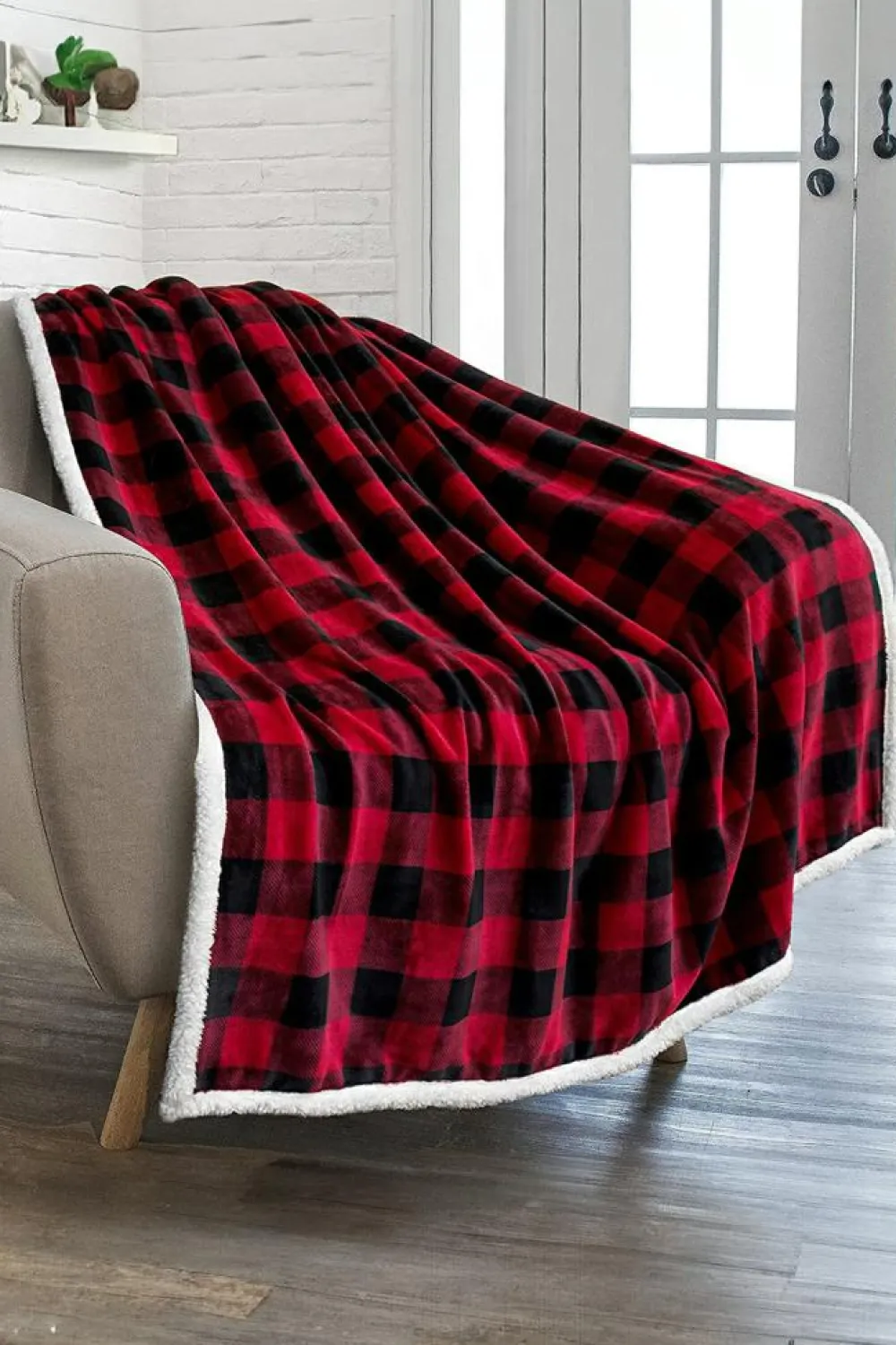 Fashion Dear-Lover Buffalo Plaid Print Sherpa Large Throw Blanket Fiery Red