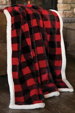 Fashion Dear-Lover Buffalo Plaid Print Sherpa Large Throw Blanket Fiery Red