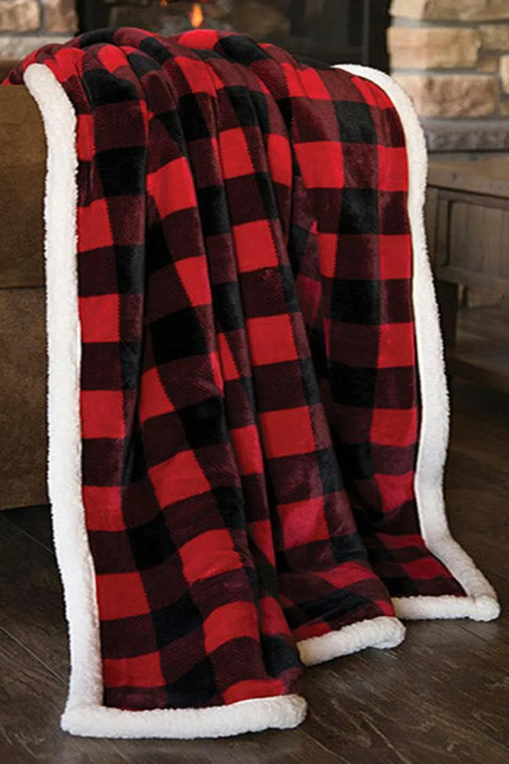 Fashion Dear-Lover Buffalo Plaid Print Sherpa Large Throw Blanket Fiery Red