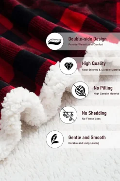 Fashion Dear-Lover Buffalo Plaid Print Sherpa Large Throw Blanket Fiery Red