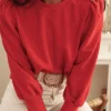 Clearance Dear-Lover Button Tab Detail Long Sleeve Top Fiery Red