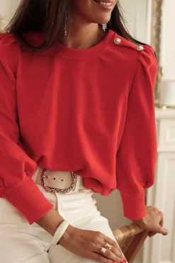 Clearance Dear-Lover Button Tab Detail Long Sleeve Top Fiery Red