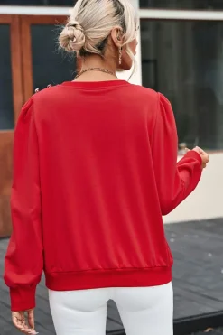 Clearance Dear-Lover Button Tab Detail Long Sleeve Top Fiery Red