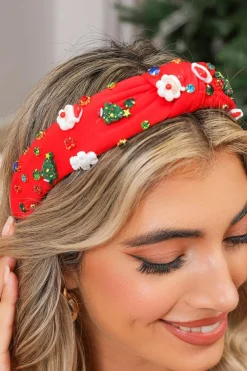 New Dear-Lover Cartoon Christmas Pattern Rhinestone Knotted Headband Fiery Red