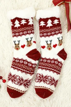 Sale Dear-Lover Cartoon Santa Claus Christmas Fleece Socks Fiery Red