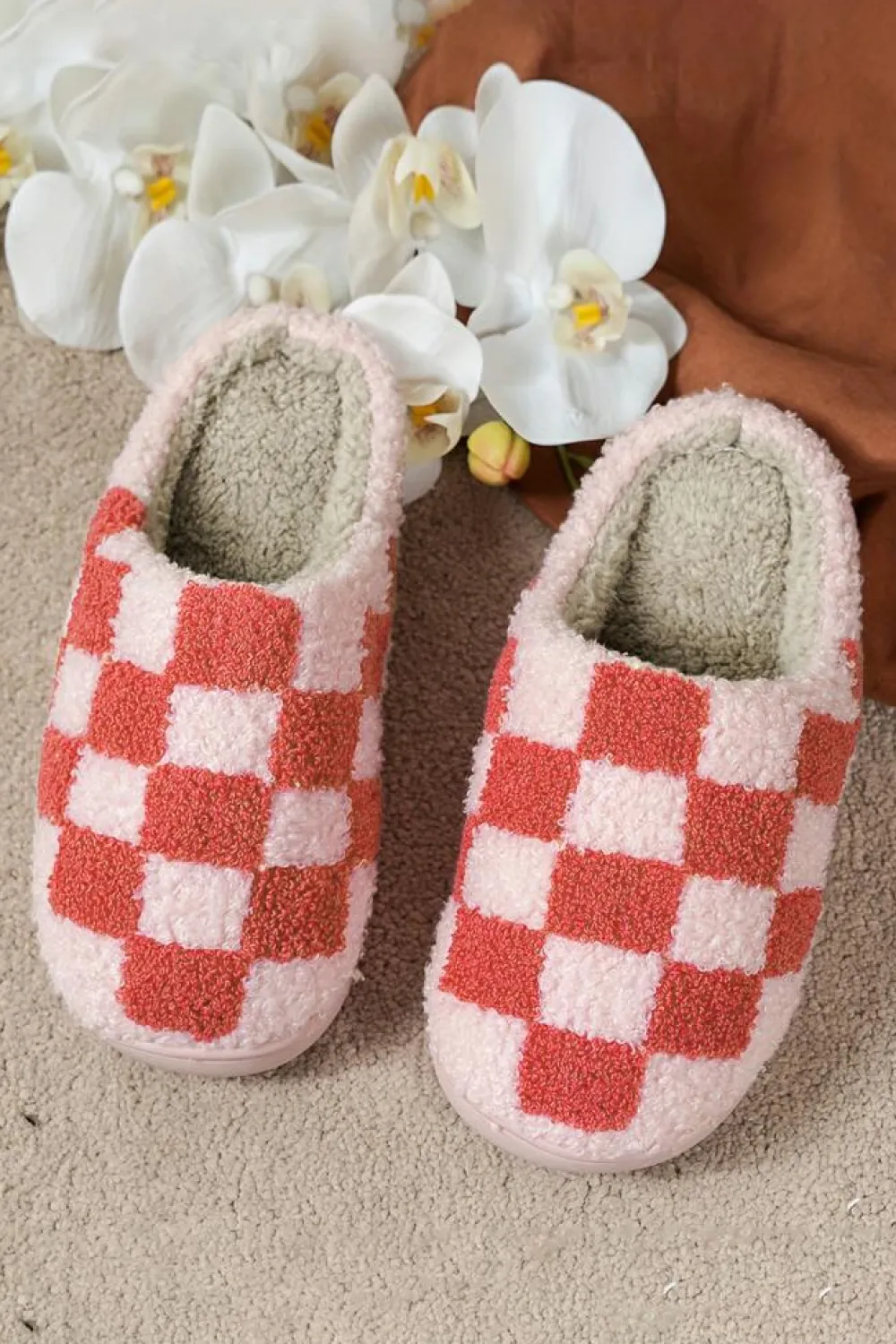 Discount Dear-Lover Checkered Print Fuzzy Slip On Winter Slippers Fiery Red
