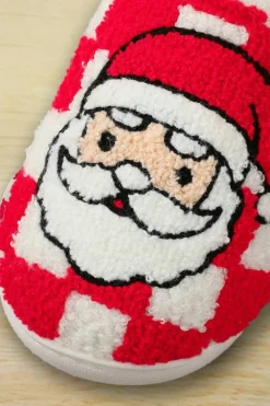 Fashion Dear-Lover Checkered Santa Claus Graphic Plush Home Slippers Fiery Red