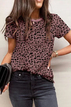 Hot Dear-Lover Cheetah Print O-neck Short Sleeve T Shirt Fiery Red