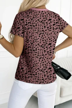 Hot Dear-Lover Cheetah Print O-neck Short Sleeve T Shirt Fiery Red