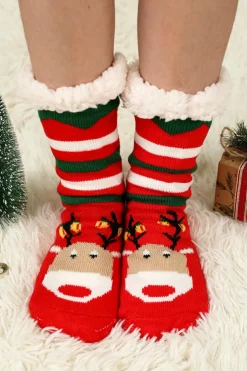 New Dear-Lover Christmas Cartoon Pattern Woolen Knit Socks Fiery Red