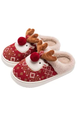 Hot Dear-Lover Christmas Cartoon Reindeer Plush Home Slippers Fiery Red