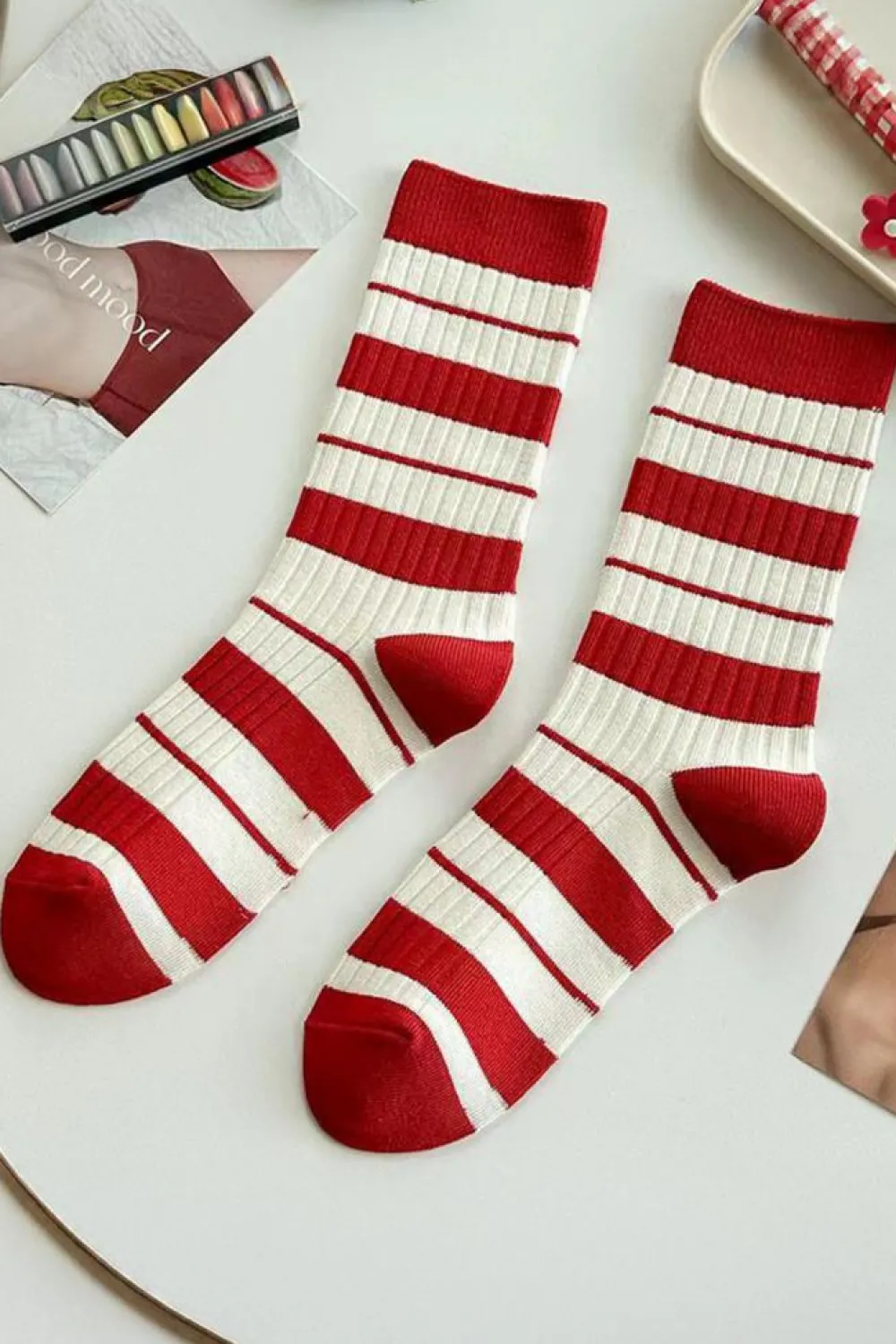 New Dear-Lover Christmas Color Block Ribbed Crew Socks Fiery Red